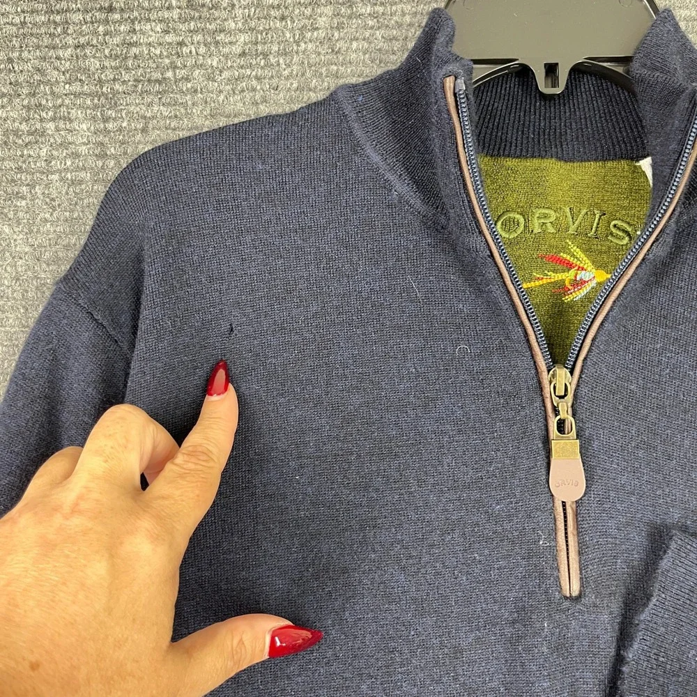 Orvis Quarter Zip Sweater Merino Wool Pullover Navy Ribbed Trim Mock Neck L Mens